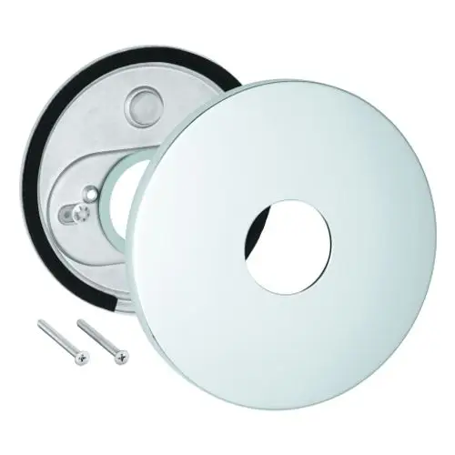 Grohe Rosette aus Metall in Chrom-Optik, bestehend aus einer runden Abdeckung mit zentralem Loch und einer Unterplatte. Enthalten sind zwei Schrauben zur Befestigung.