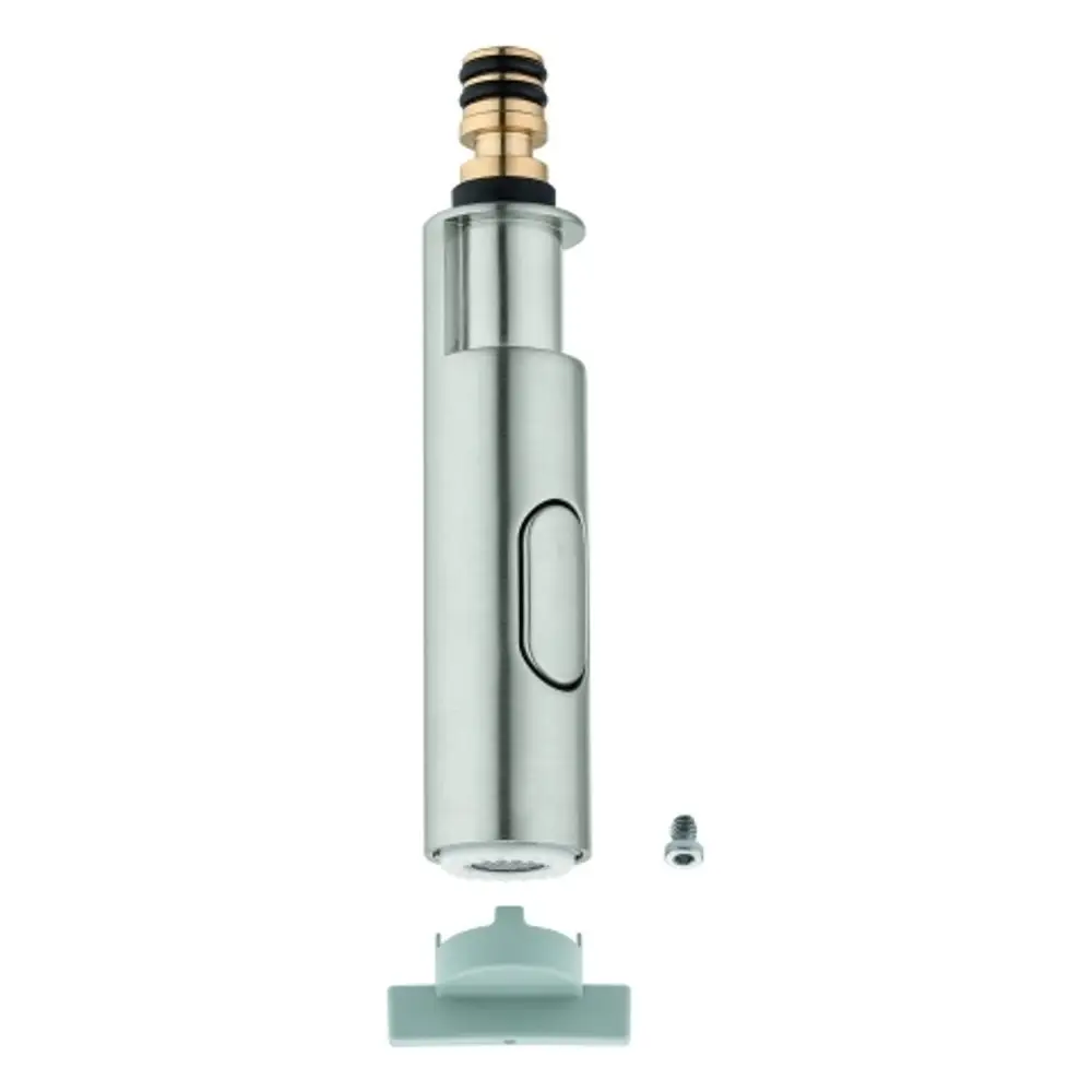Grohe Spülbrause in matter Edelstahl-Optik, herausziehbar, mit einem integrierten Bedienknopf und einem abnehmbaren Teil zur einfachen Reinigung.