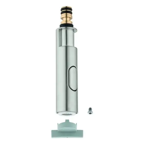 Grohe Spülbrause in matter Edelstahl-Optik, herausziehbar, mit einem integrierten Bedienknopf und einem abnehmbaren Teil zur einfachen Reinigung.