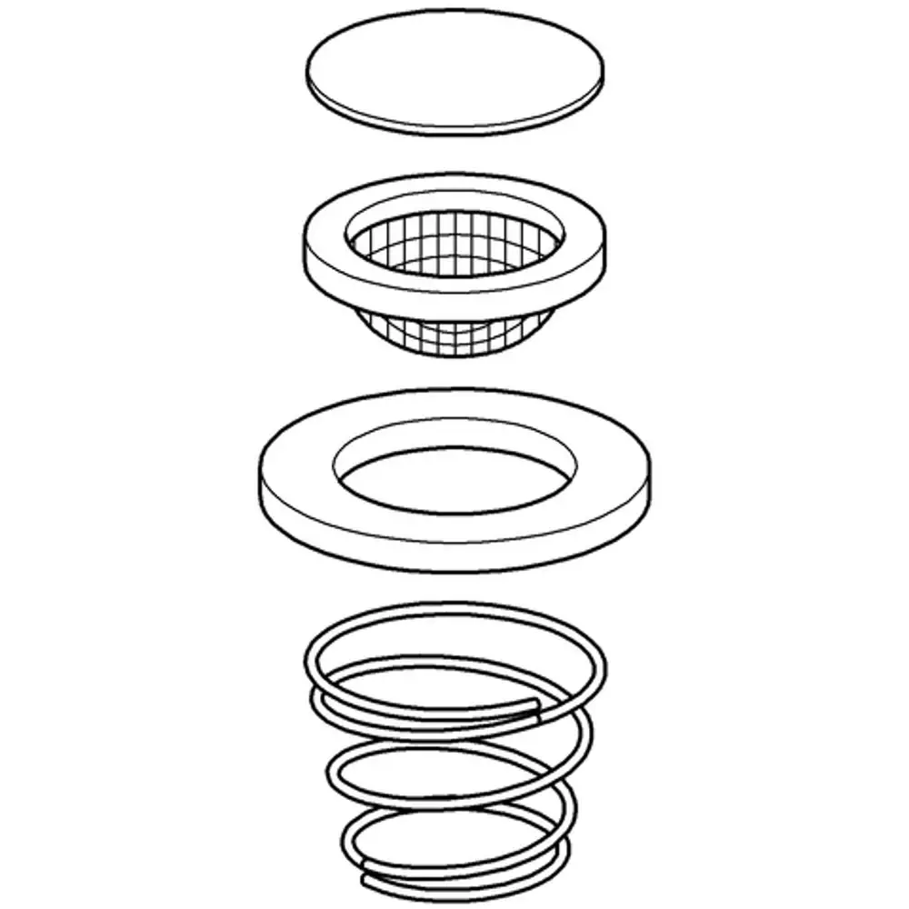 Montageansicht von GROHE Siebeinsätzen mit einzelnen Bauteilen: oberer Deckel, Netzfilter, Dichtung und Feder.