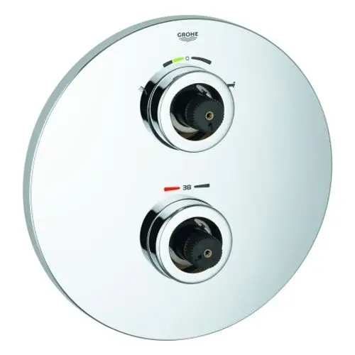 Grohe Thermostat-Einheit in Chrom-Optik mit zwei drehbaren Reglern für Temperatur- und Wassermengensteuerung, montiert auf runder Rosette.
