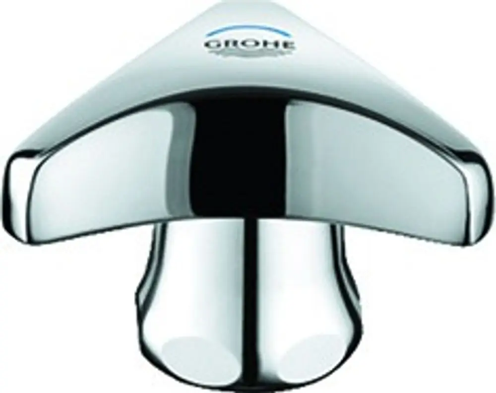 Chromfarbener Griff von Grohe in einer abgerundeten, tropfenförmigen Gestaltung. Oben mit einer blauen Markierung und einer Kappe. Ideal für Wasserhähne oder Armaturen.