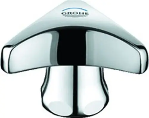 Chromfarbener Griff von Grohe in einer abgerundeten, tropfenförmigen Gestaltung. Oben mit einer blauen Markierung und einer Kappe. Ideal für Wasserhähne oder Armaturen.