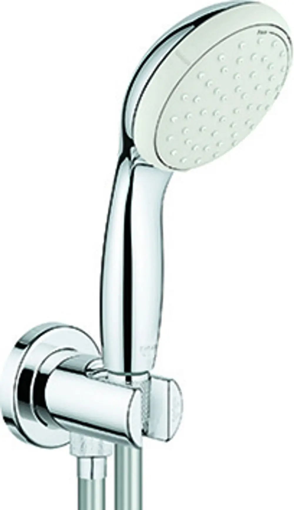 Grohe Brausekopf mit schlanker Form und runder Duschplatte, an einem verchromten Wandhalter befestigt, Teil eines Duschsystems mit Schlauch.