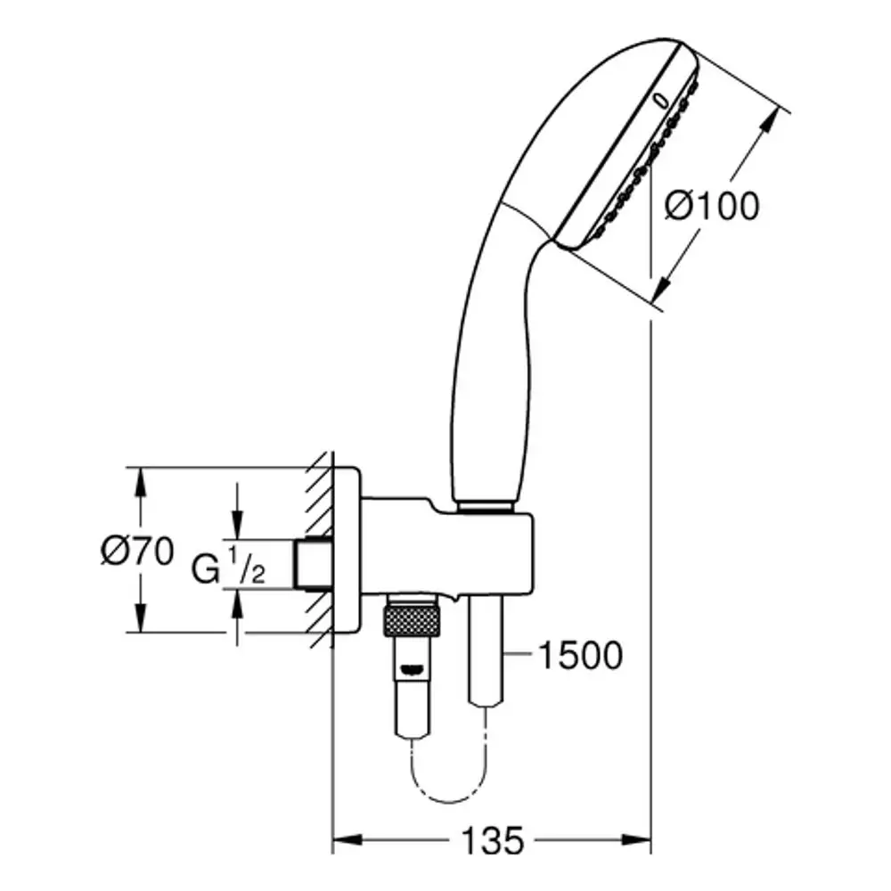 Brausekopf mit Halterung, verchromt, von Grohe, mit flexiblem Schlauch und Wandanschluss. Technische Zeichnung mit Maßangaben.
