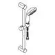 Verchromte Handbrause mit integrierter Halterung und vertikalem Wandstangensystem, hergestellt von Grohe.
