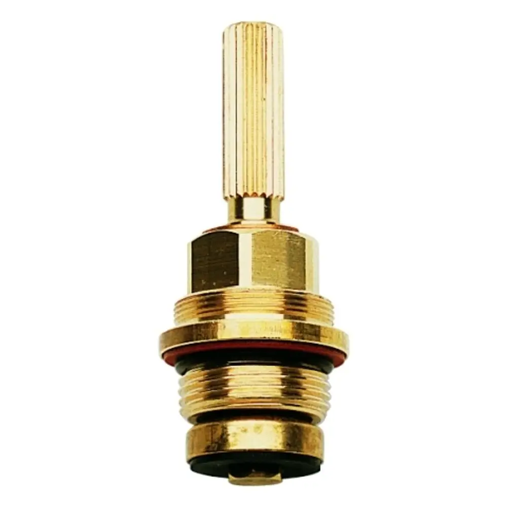 Grohe-Produkt, besteht aus Metall mit einem langen, gerillten Drehgriff. Das Element hat eine gewindete Basis und eine Dichtung am unteren Ende.