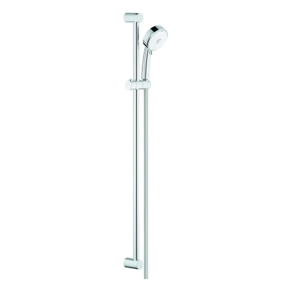 Grohe Brausegarnitur mit verchromtem Handbrausekopf, montiert an einem verstellbaren Halter, bestehend aus stabilen Edelstahlrohren.