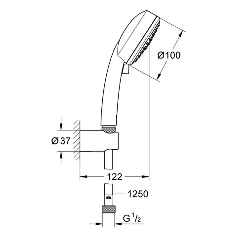 Handbrause von Grohe mit verchromtem Finish, abnehmbar, montiert auf einem Anschluss mit G ½. Enthält detaillierte Maße zur Installation und Funktion.