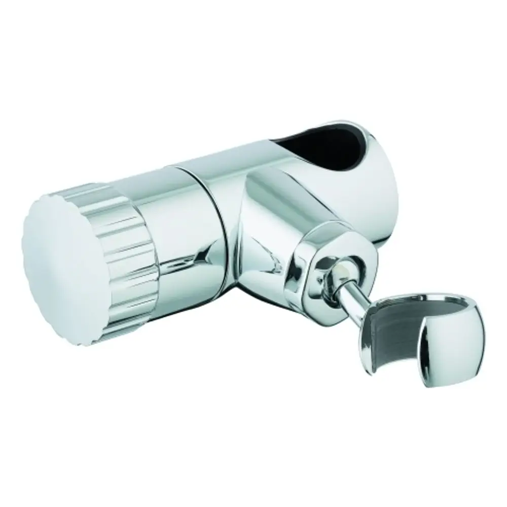 Chromfarbenes Gleitelement von Grohe mit einem Drehknopf und einer Halterung. Geeignet für Duschsysteme zur Anpassung der Wasserzufuhr.
