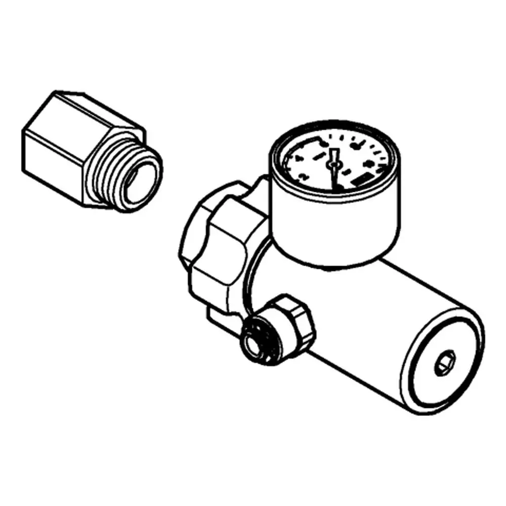 GROHE Druckanzeiger mit einem Ziffernblatt zur Anzeige des Drucks sowie einem separaten Adapter, dargestellt in einem schematischen, technischen Design.