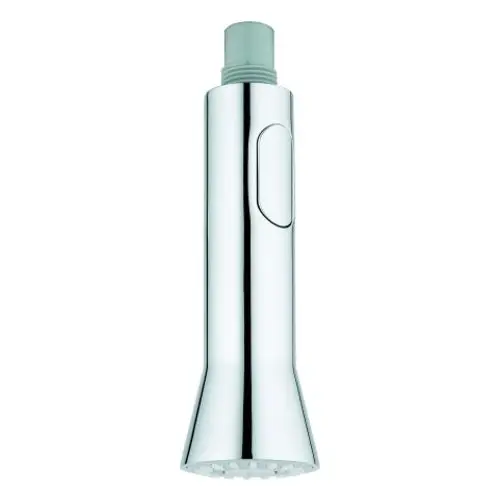 Grohe Spülbrause in chromfarbenem Finish, mit ergonomischem Design und Tastenmechanismus zur Einstellung der Wasserstrahlart.