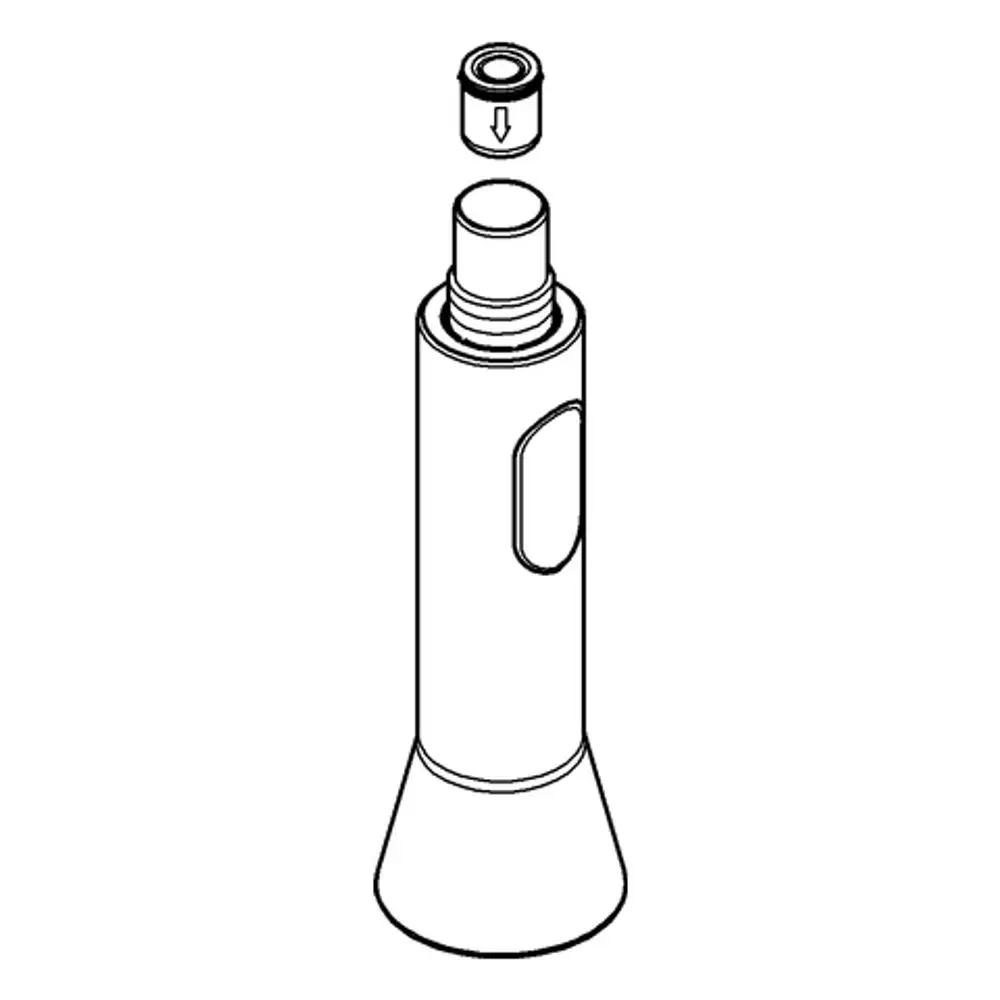 Grohe Spülbrause mit automatischer Rückstellung auf Mousseur. Das Produkt zeigt eine schlanke, zylindrische Form mit einem abnehmbaren Aufsatz.