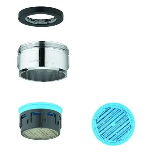 GROHE Strahlregler mit verschiedenen Komponenten, darunter ein verchromter Körper, Dichtungen und ein Einsatz mit Lochdesign. Komponenten sind klar erkennbar angeordnet.