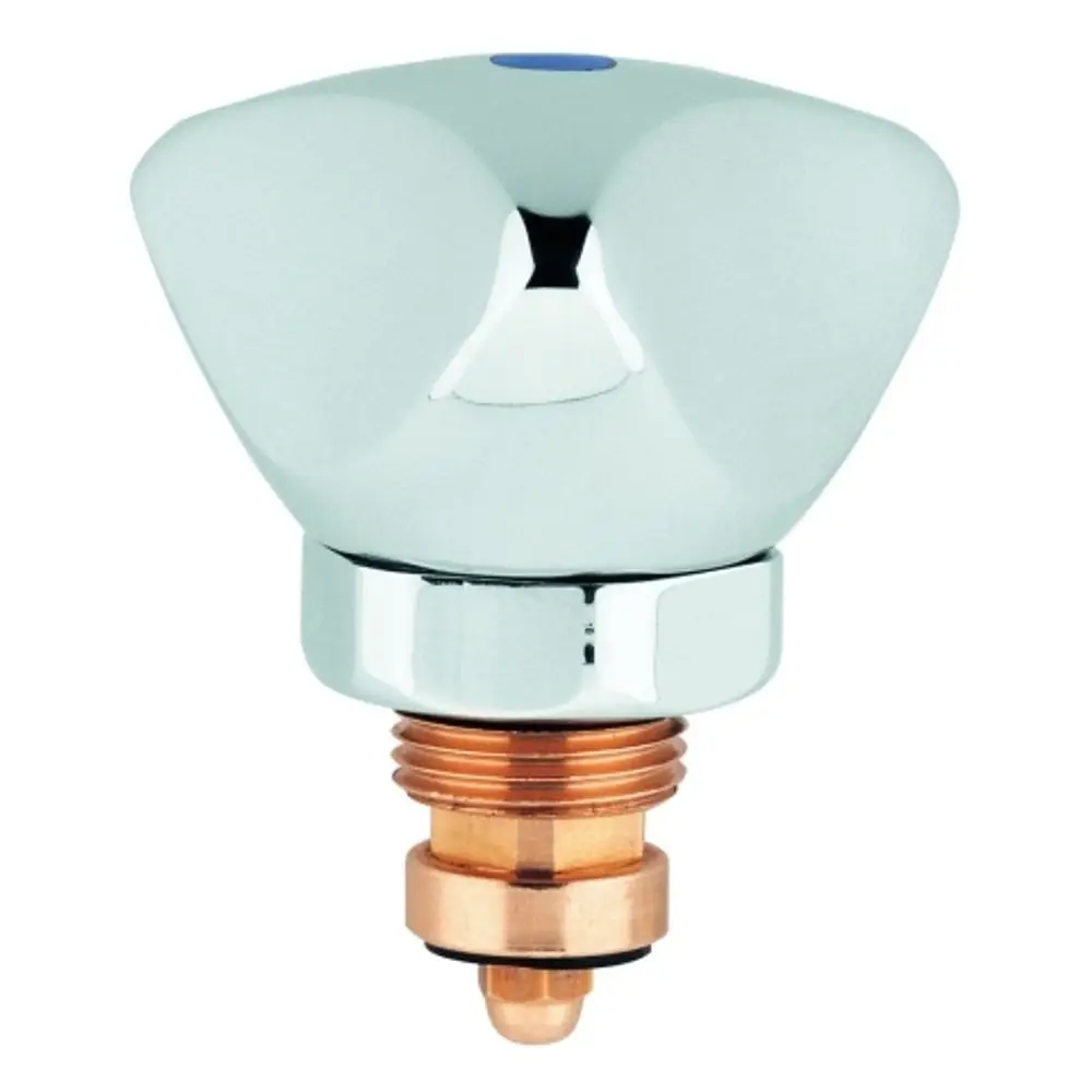 Klares, metallisches Bedienelement von Grohe mit blauer Markierung oben, montierbar auf eine untere Kupferverschraubung.