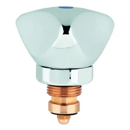 Klares, metallisches Bedienelement von Grohe mit blauer Markierung oben, montierbar auf eine untere Kupferverschraubung.