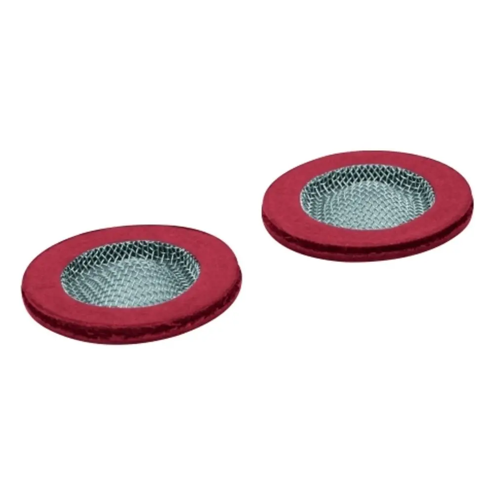 Zwei GROHE Siebe in runder Form mit einem roten Rand und einem Metallgitter in der Mitte, geeignet für den Einsatz in Spülen oder Waschbecken.