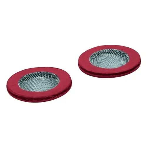 Zwei GROHE Siebe in runder Form mit einem roten Rand und einem Metallgitter in der Mitte, geeignet für den Einsatz in Spülen oder Waschbecken.