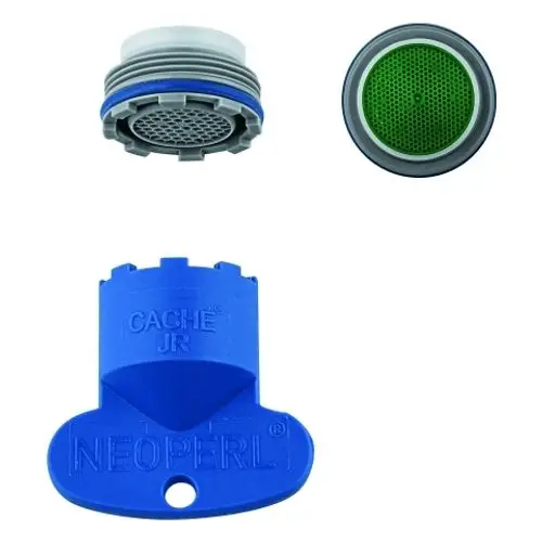 GROHE Laminar-Strahlregler, bestehend aus mehreren Komponenten, darunter ein blauer Adapter und ein grüner Strahlregler, welche Teil eines Wasserarmaturensystems sind.