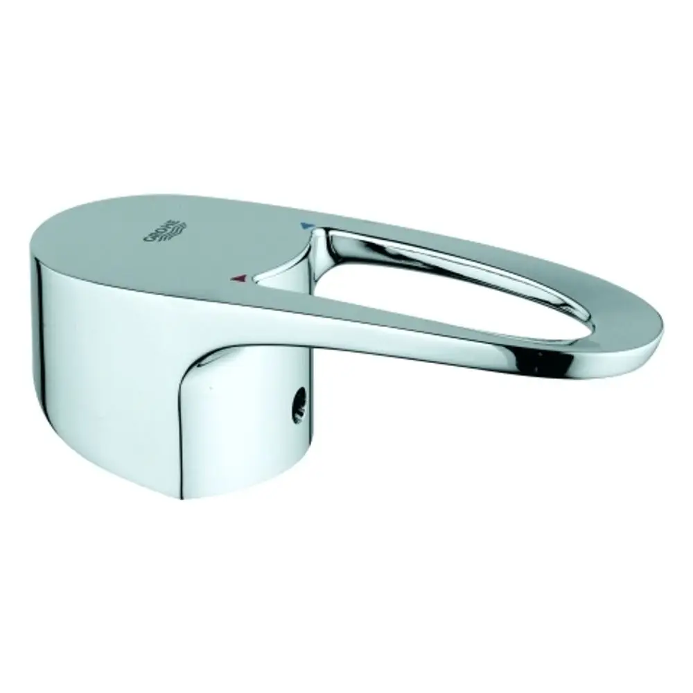 Chromfarbener Grohe Hebel mit einer ergonomischen Form, ausgestattet mit Farbmarkierungen für heißes und kaltes Wasser, geeignet für die Installation an einem Wasserhahn.