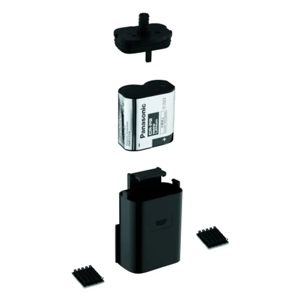 Batteriekasten mit eingebauter Panasonic-Batterie, bestehend aus mehreren Kunststoffteilen und Zubehör, hergestellt von Grohe.