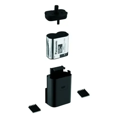 Batteriekasten mit eingebauter Panasonic-Batterie, bestehend aus mehreren Kunststoffteilen und Zubehör, hergestellt von Grohe.