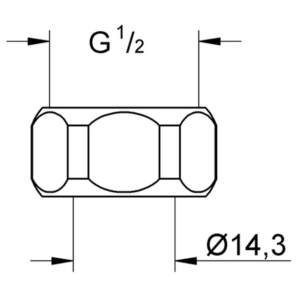 GROHE Verbindungselement, schematische Darstellung mit Maßangaben.zeigt eine Anschlussmutter mit G1/2 Gewinde und Durchmesser Ø14,3.