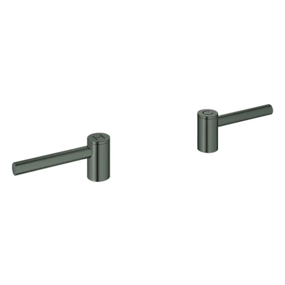GROHE Hebelgriffe in mattschwarz mit Beschriftung „H“ und „C“ für Warm- und Kaltwasser. Elegant und funktional für moderne Badezimmerarmaturen.