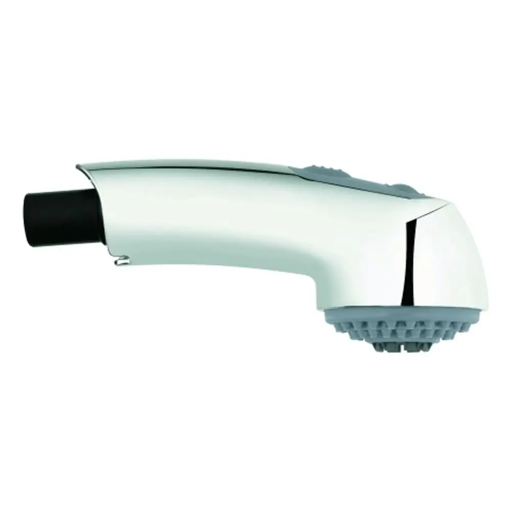 Chromfarbene Spülbrause von Grohe mit ergonomischem Griff und rutschfester Oberfläche. Die Brause hat eine abgerundete Form und eine strukturierte Düsenoberfläche.