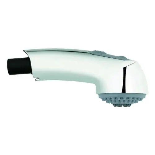 Chromfarbene Spülbrause von Grohe mit ergonomischem Griff und rutschfester Oberfläche. Die Brause hat eine abgerundete Form und eine strukturierte Düsenoberfläche.
