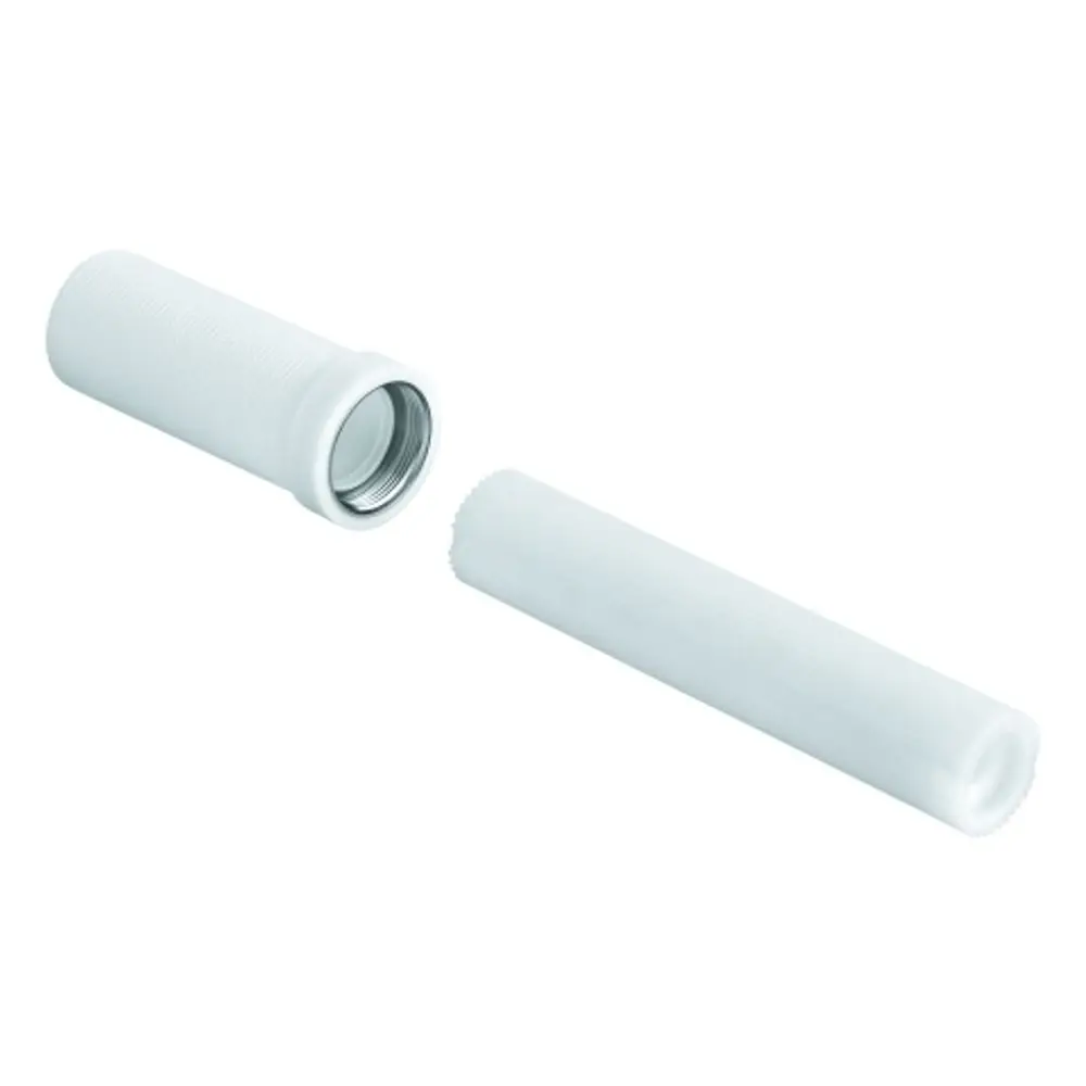 Weißes Verbindungselement von Grohe, bestehend aus zwei Teilen, einem gewindeten Ende und einem glatten Ende, die zusammengefügt werden können.