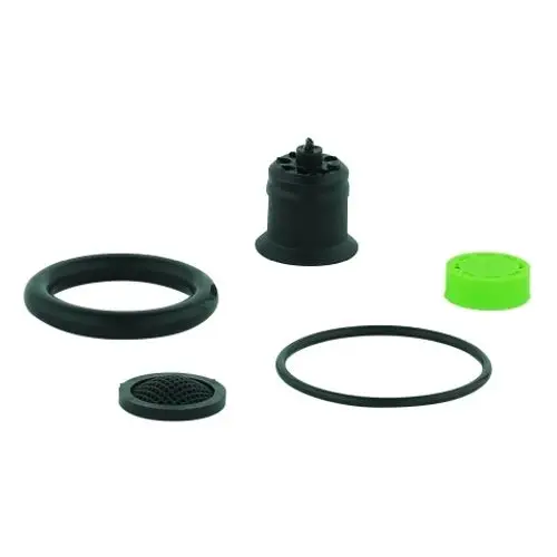 GROHE Ersatzteilset mit mehreren Bauteilen, darunter zwei schwarze Ringe, ein schwarzer Adapter und ein grüner Deckel. Alle Teile sind zur Verwendung in Duschsystemen geeignet.