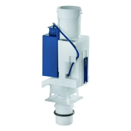GROHE Ablaufventil in Weiß mit blauen Elementen. Enthält oft eine Wasserstandregelung und ist für die Montage in sanitären Einrichtungen konzipiert.