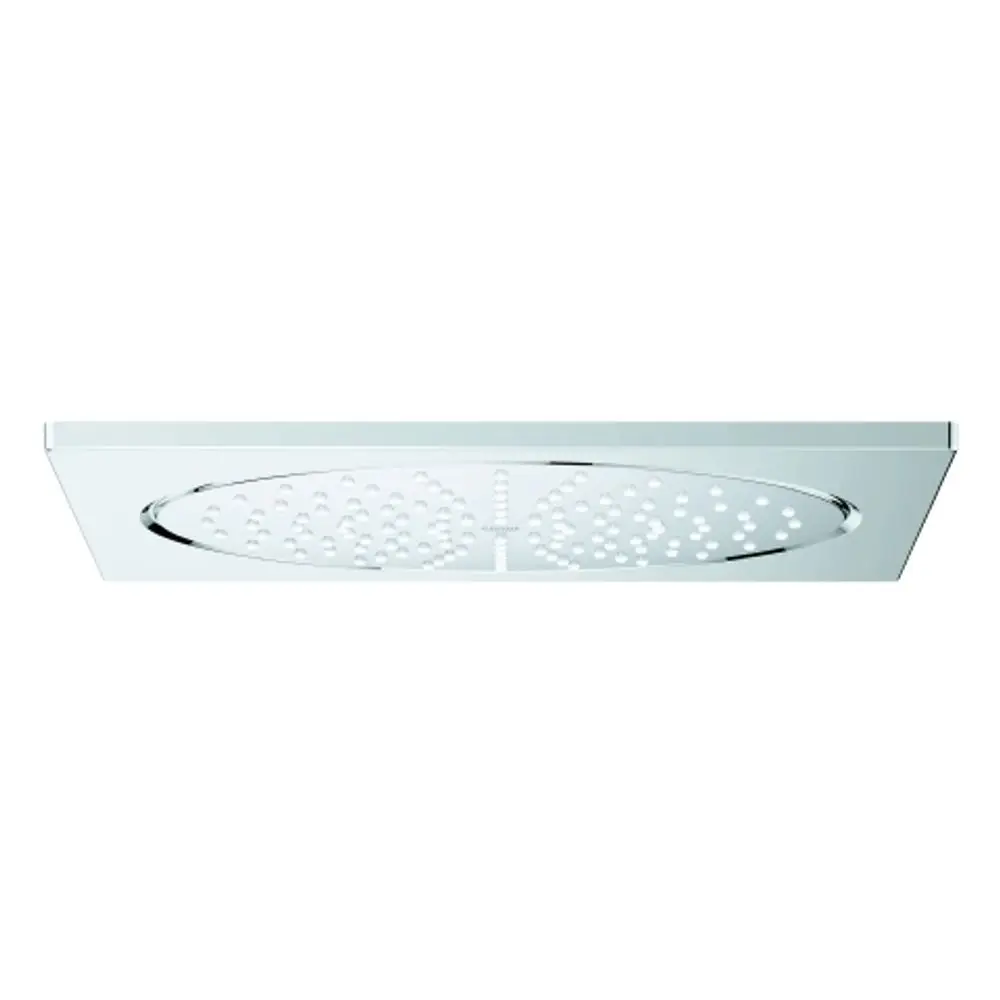 Verchromte Deckenbrause von Grohe mit einer ovalen Blendenstruktur und perforierten Öffnungen zur Wasserverteilung.
