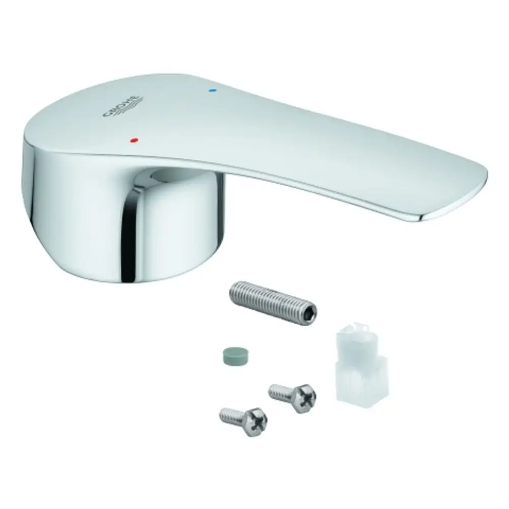 Grohe Hebel mit einer glatten Oberfläche in Chrom, begleitet von Montagezubehör wie Schrauben und einem Verbindungselement, für eine Einhebelmischarmatur.