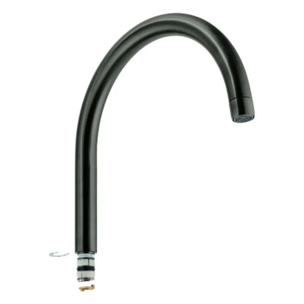 Schwarzer Auslauf von Grohe mit gebogener Form, ausgestattet mit einem Anschlussmechanismus am unteren Ende. Ideal für moderne Küchen- oder Badezimmerarmaturen.