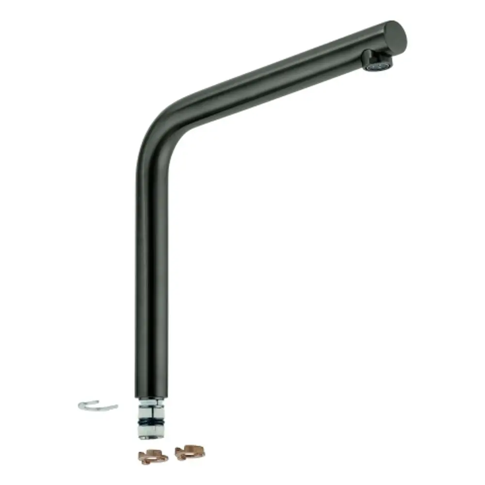 Auslauf von Grohe in gebürstetem Graphit mit einem schlichten, gebogenen Design. Zubehörteile wie Unterlegscheiben und eine Halterung sind im Lieferumfang enthalten.