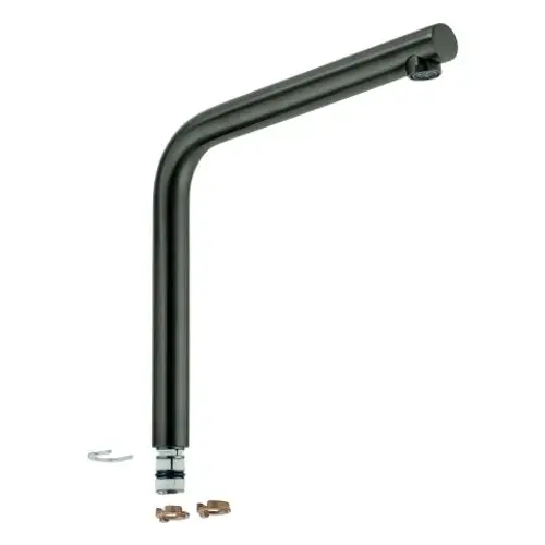 Auslauf von Grohe in gebürstetem Graphit mit einem schlichten, gebogenen Design. Zubehörteile wie Unterlegscheiben und eine Halterung sind im Lieferumfang enthalten.