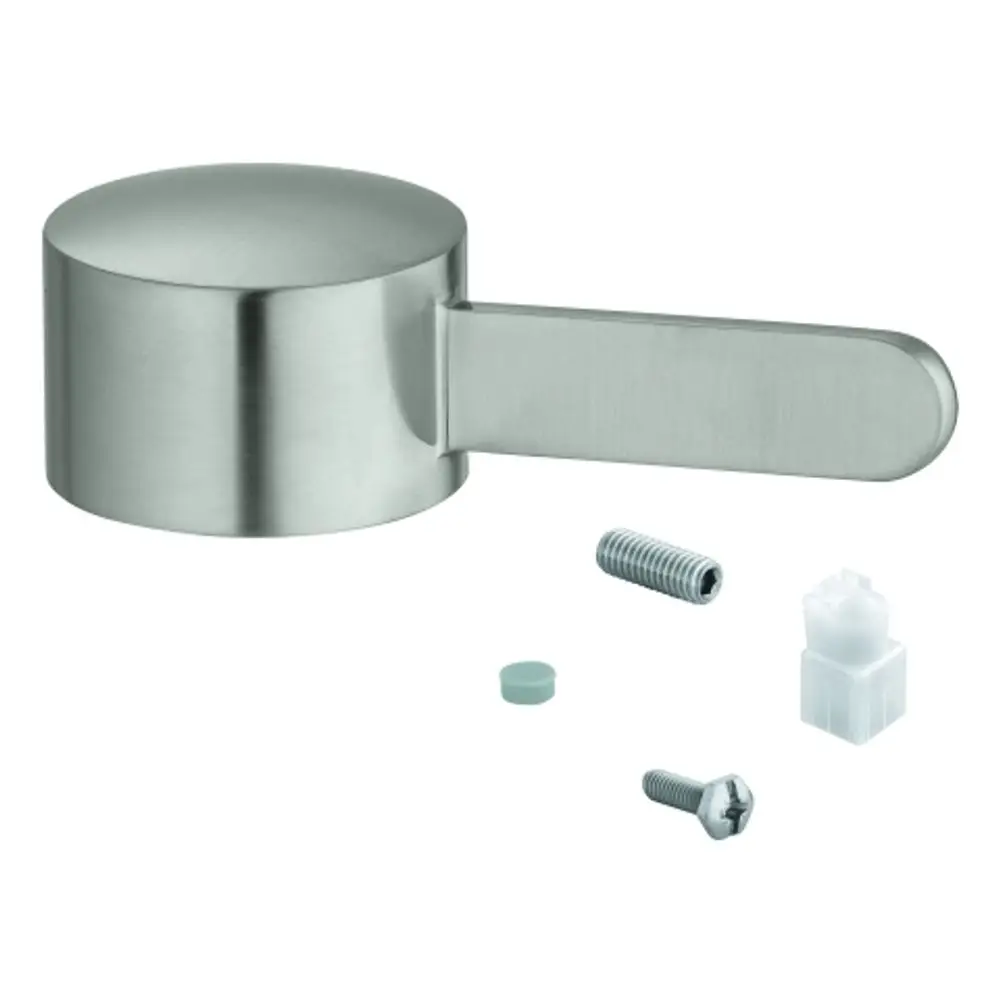 Grohe Hebel in Edelstahl-Optik ohne sichtbare Maße, begleitet von Schrauben und Verbindungselementen für die Montage.