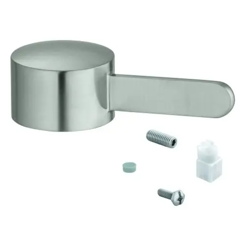 Grohe Hebel in Edelstahl-Optik ohne sichtbare Maße, begleitet von Schrauben und Verbindungselementen für die Montage.