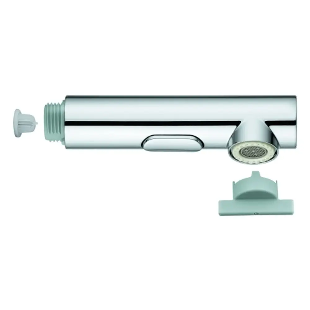 Grohe Spülbrause mit ausziehbarem Schlauch und zwei Strahlarten, in chromfarbener Ausführung. Sie zeigt eine abnehmbare Düse und einen Hebel zur Bedienung.