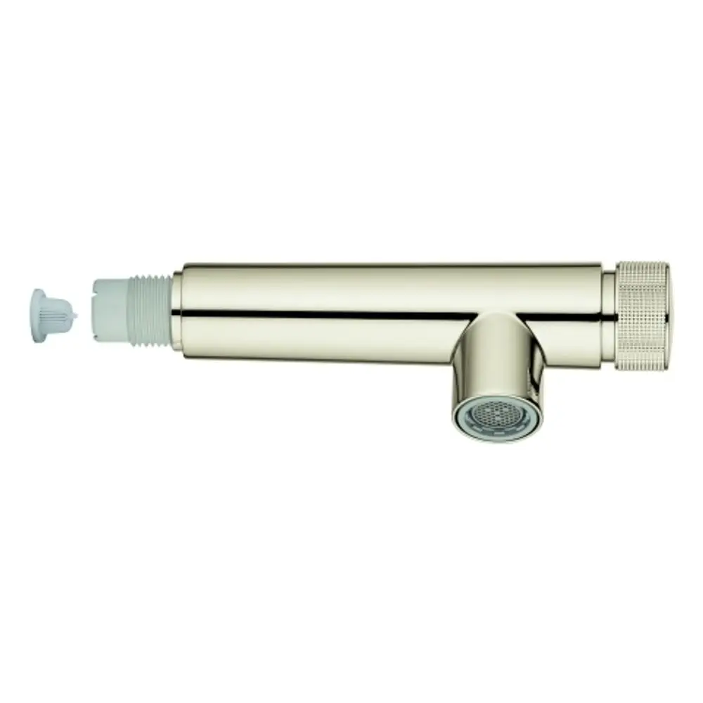 GROHE Spülbrause in Nickel-Optik, bestehend aus einem langen schlanken Körper mit einem abnehmbaren Einsatz an einem Ende und einem regulierbaren Auslass.