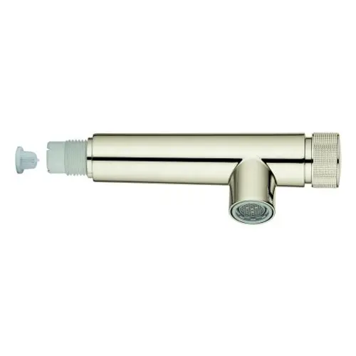 GROHE Spülbrause in Nickel-Optik, bestehend aus einem langen schlanken Körper mit einem abnehmbaren Einsatz an einem Ende und einem regulierbaren Auslass.