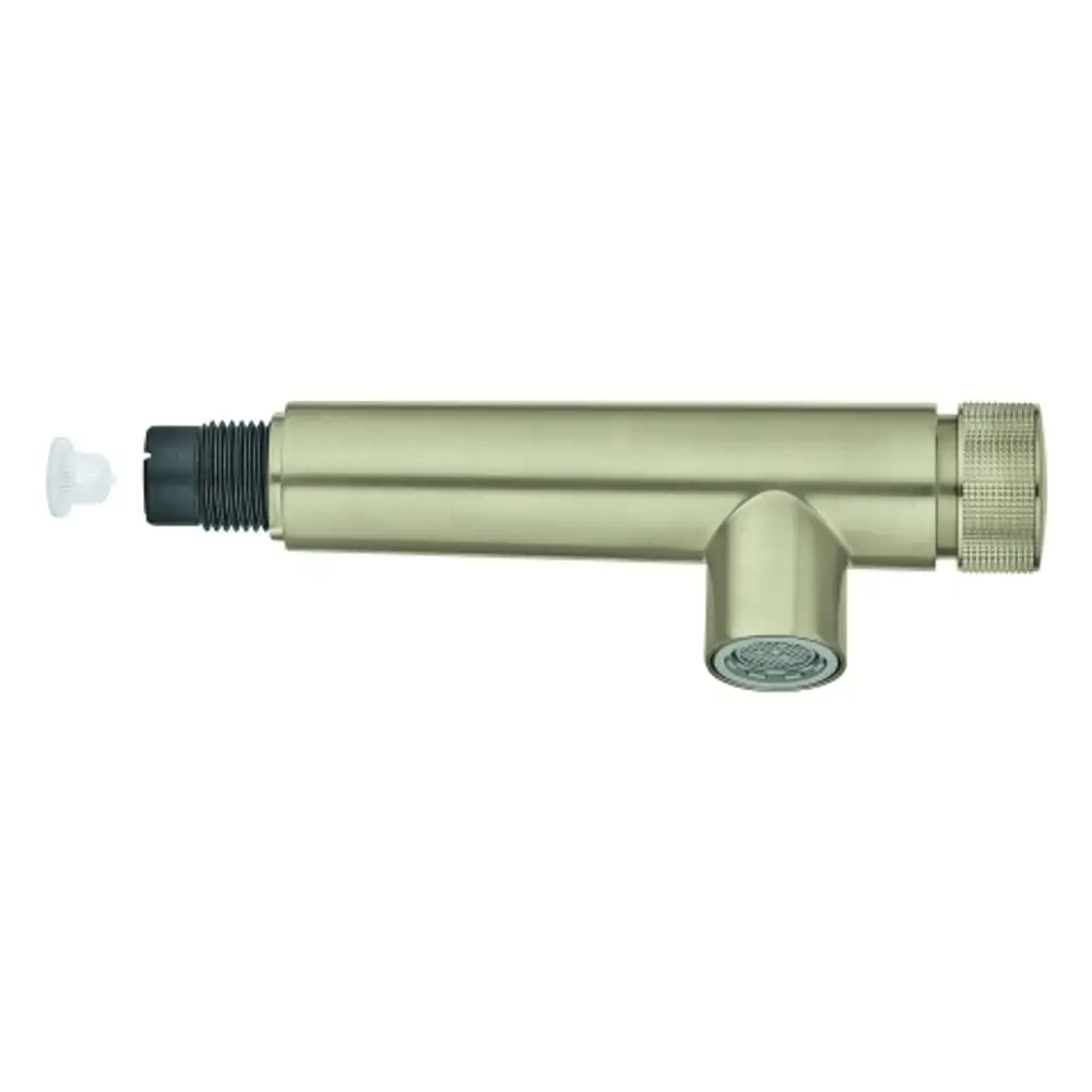 Grohe Spülbrause in gebürstetem Nickel mit einem Anschluss für SPT-Batterien und einem herausnehmbaren Sprühkopf.