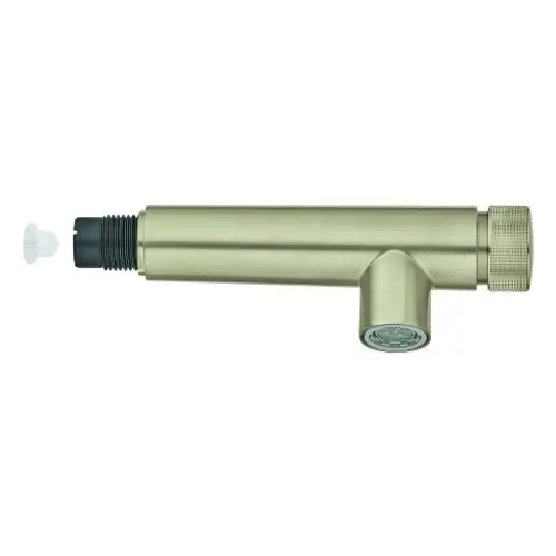Grohe Spülbrause in gebürstetem Nickel mit einem Anschluss für SPT-Batterien und einem herausnehmbaren Sprühkopf.
