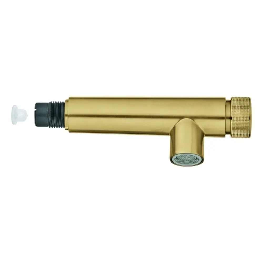Grohe Spülbrause in gebürstetem Goldton, mit abnehmbarer Kappe und seitlichem Anschluss. Die Oberfläche ist glatt und ohne erkennbare Details zur weiteren Identifikation.