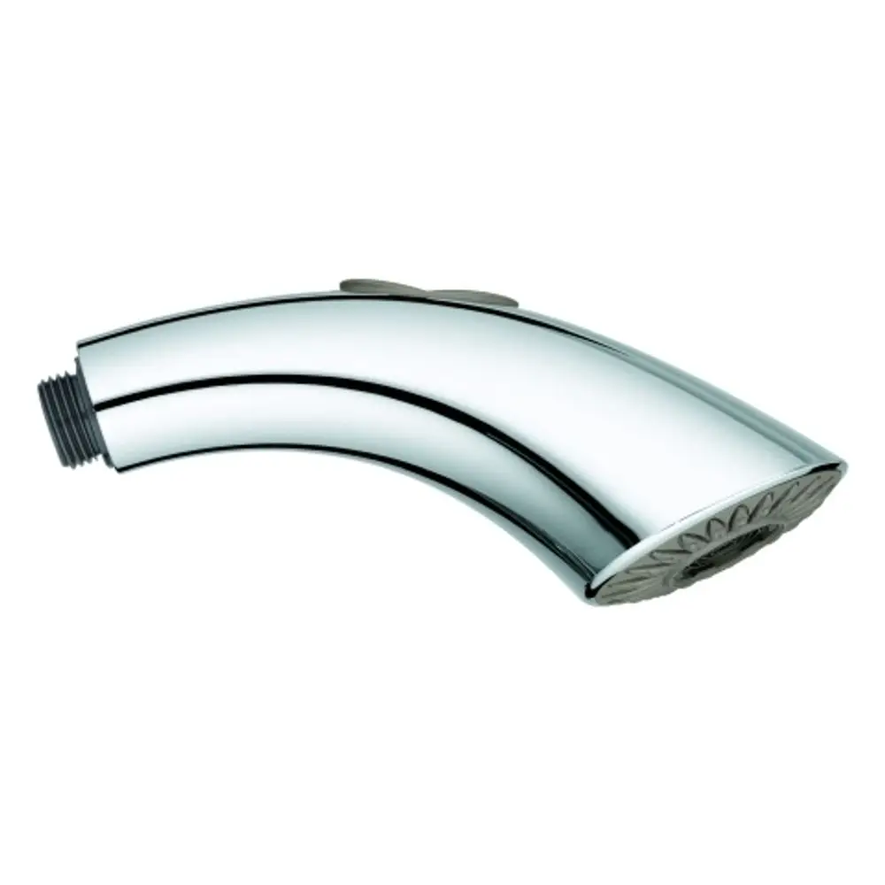 Chromfarbene Spülbrause von Grohe mit gebogener Form und einem Verstellknopf. Anschlussgewinde sichtbar.