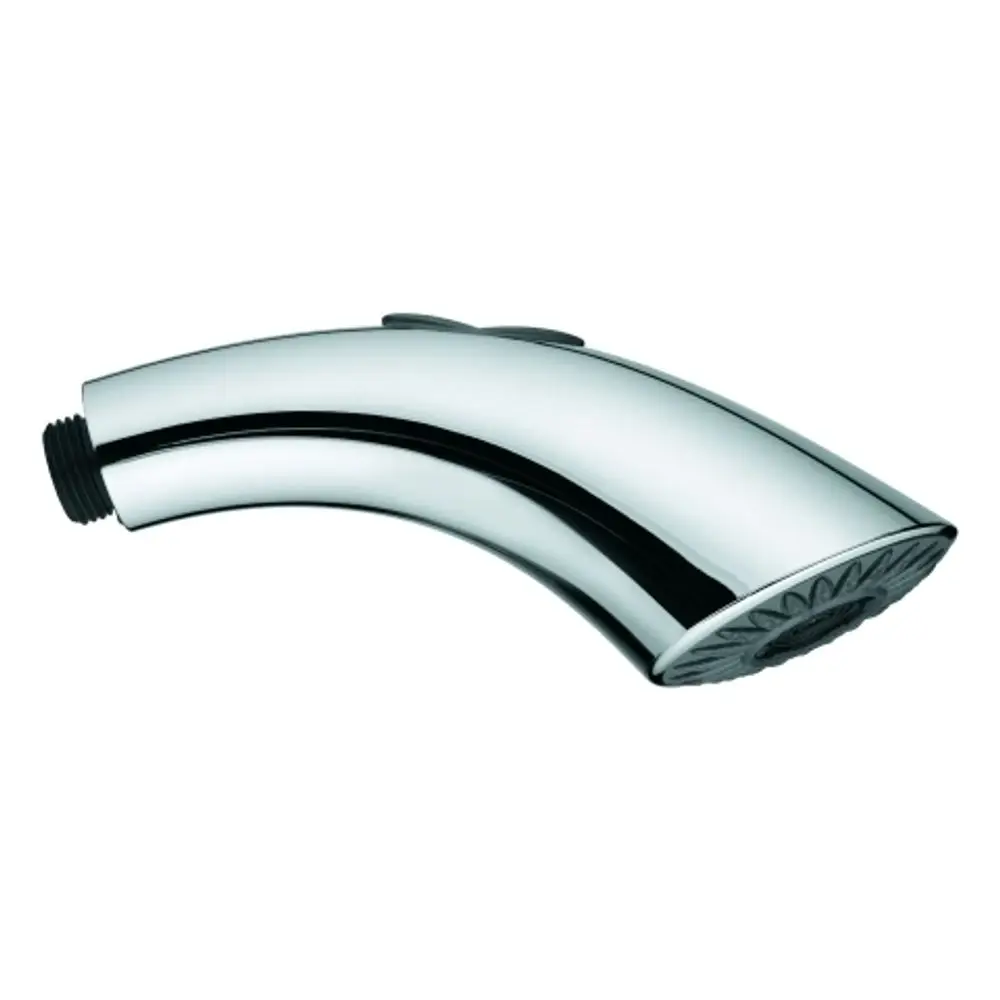Grohe Spülbrause in verchromtem Finish, mit gebogener Form und einem Anschlussgewinde an einem Ende, ideal für Küchen oder Badezimmer.