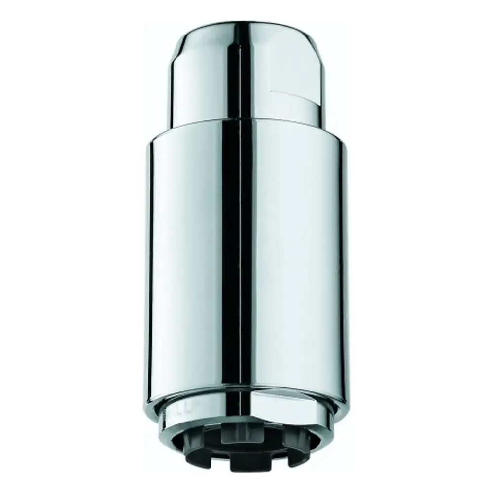 Chromfarbene Auslaufbrause von Grohe mit zylindrischem Design und schwarzem Kunststoffteil am unteren Ende.