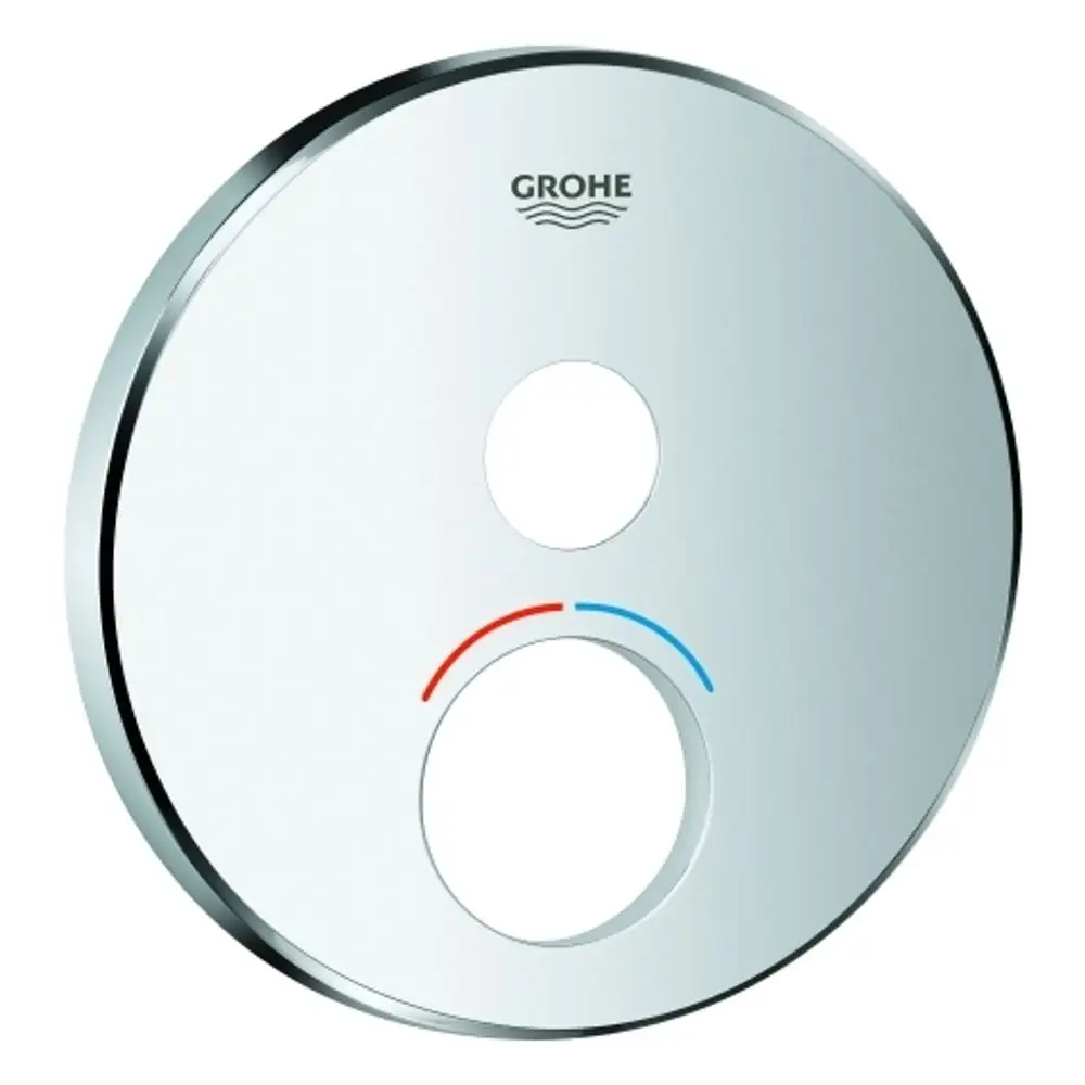 Runde, glänzende Rosette von Grohe mit zwei Ausschnitten für die Steuerung, gekennzeichnet durch rote und blaue Linien zur Temperaturanzeige.